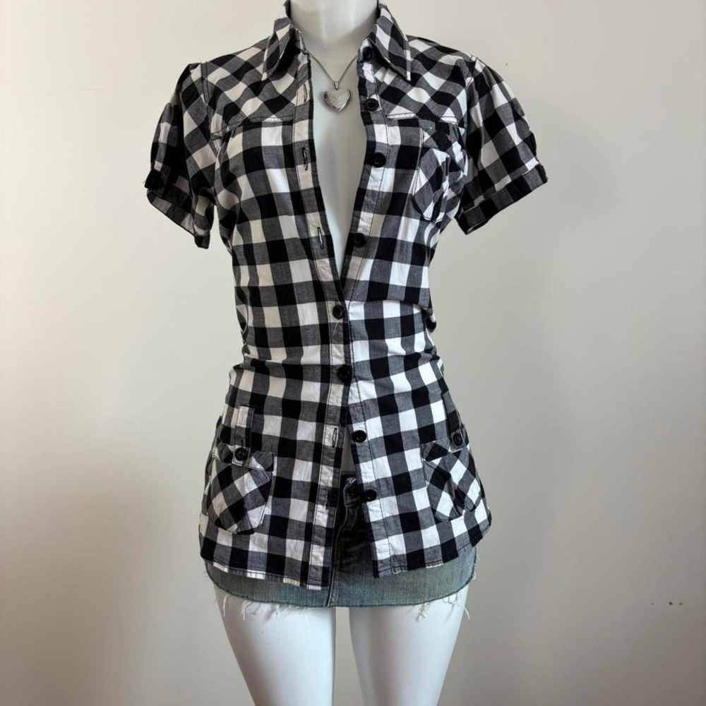 y2k black white gingham fitted blouse short sleeve size M - Picture 2 of 6